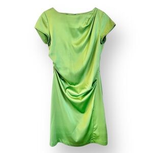 St-Martins Green Satin Draped Ruched Midi Fitted Boat Neck Cap Sleeve Dress 6